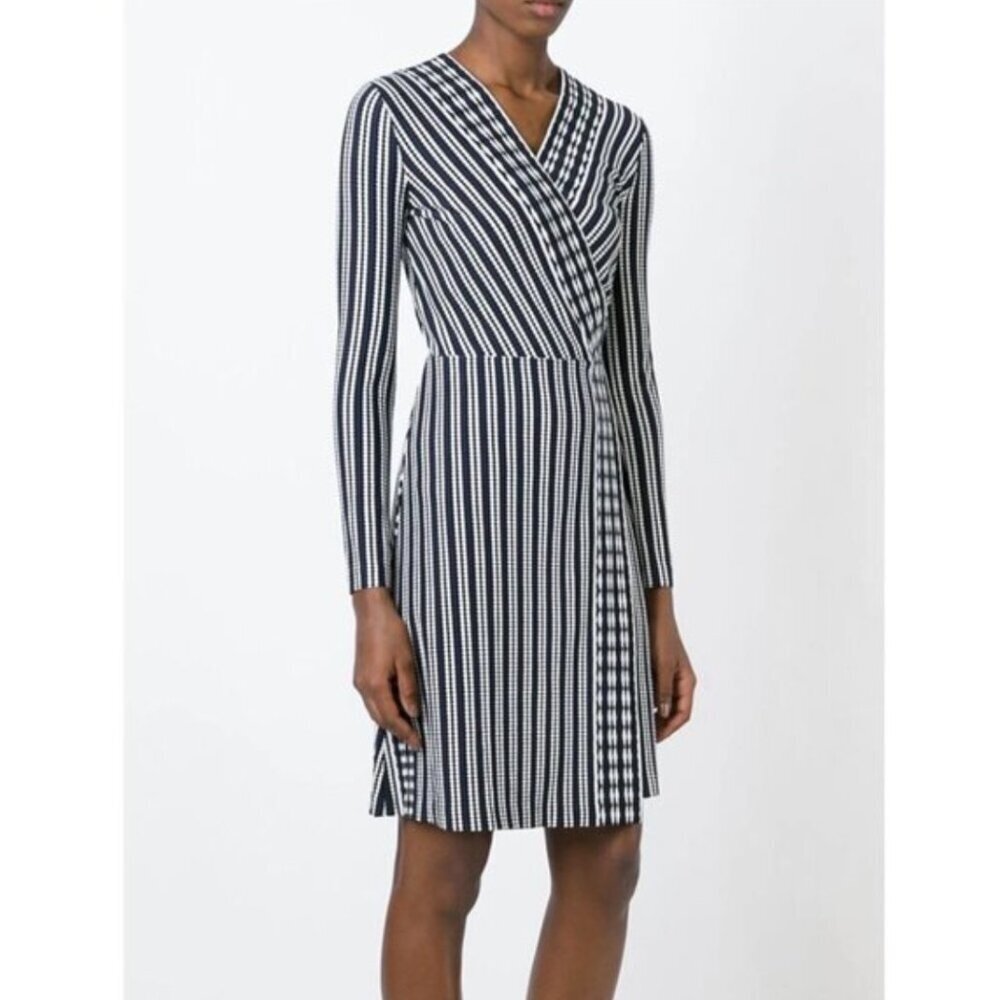 Tory Burch Navy Oxford Stripe Long-Sleeve Jacquard Wrap Dress